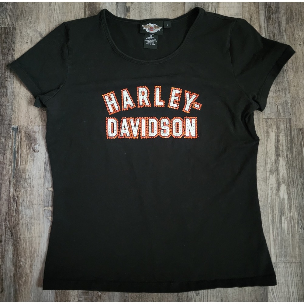 Harley Davidson T-Shirt Women Large Black Rhinestone Short Sleeve Scoop Neck